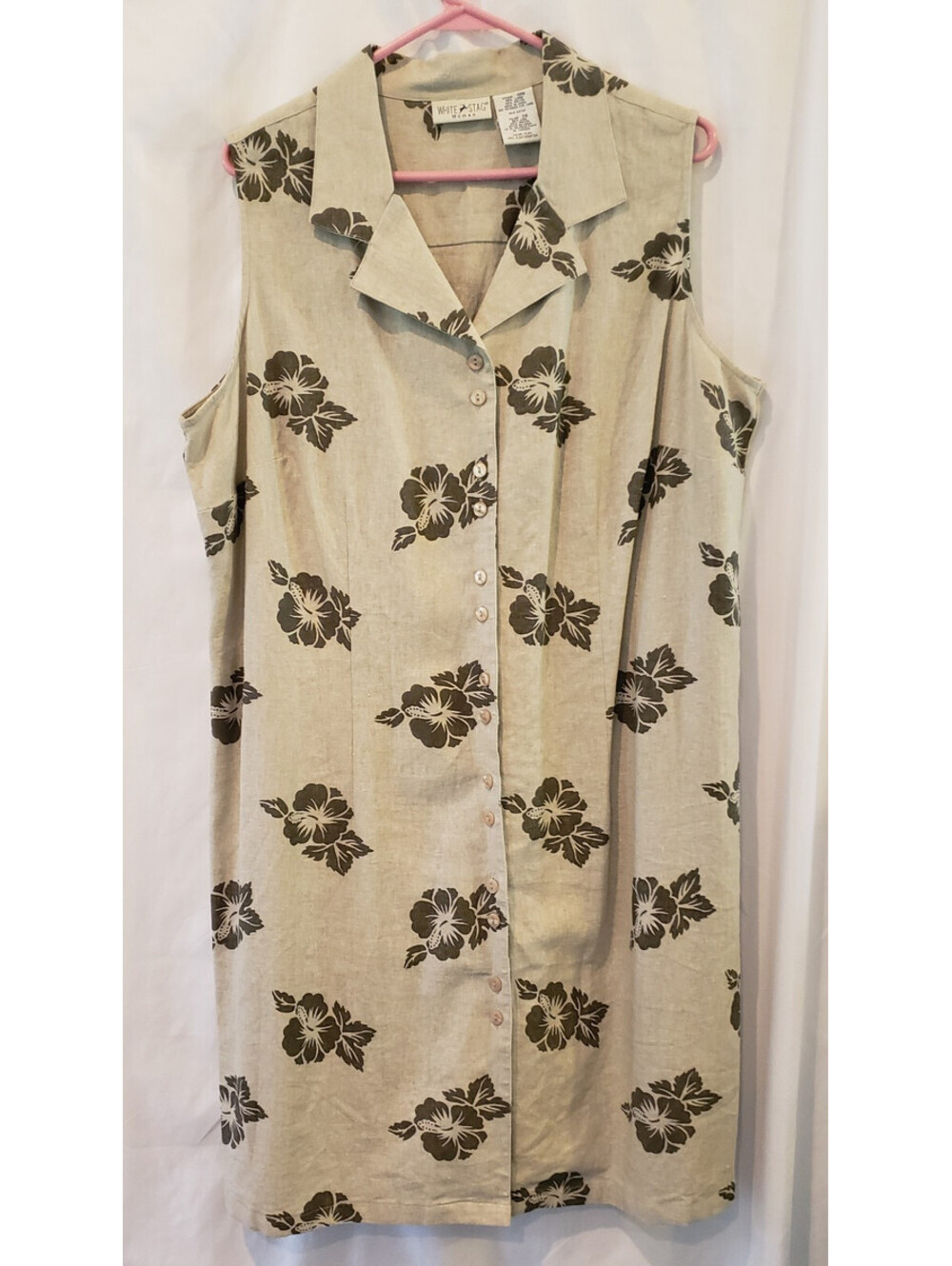 White Stag Womens 18W Linen Blend Floral Sleeveless Button Front Shirt Dress
